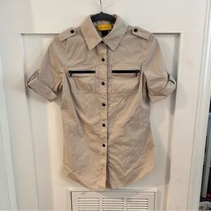 ST JOHN Safari Khaki Womens Designer Cotton Beige Top Shirt Blouse